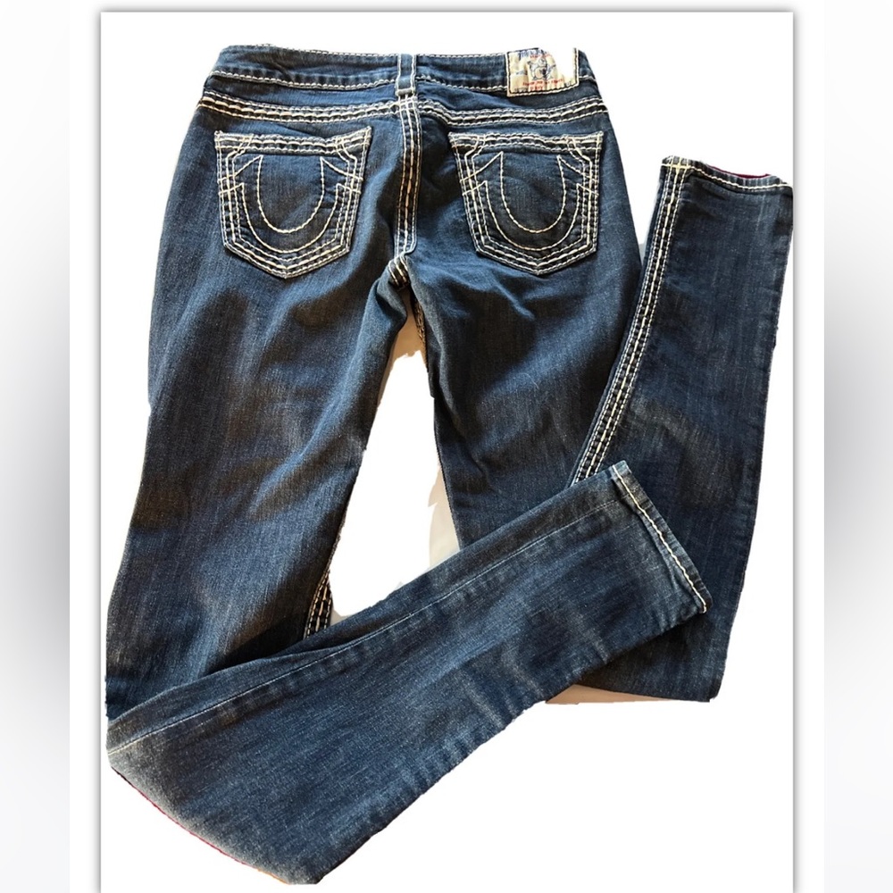 True Religion skinny BIG T 28 BLUE Jeans skinny HORSESHOE Pocket WHITE stitch 28